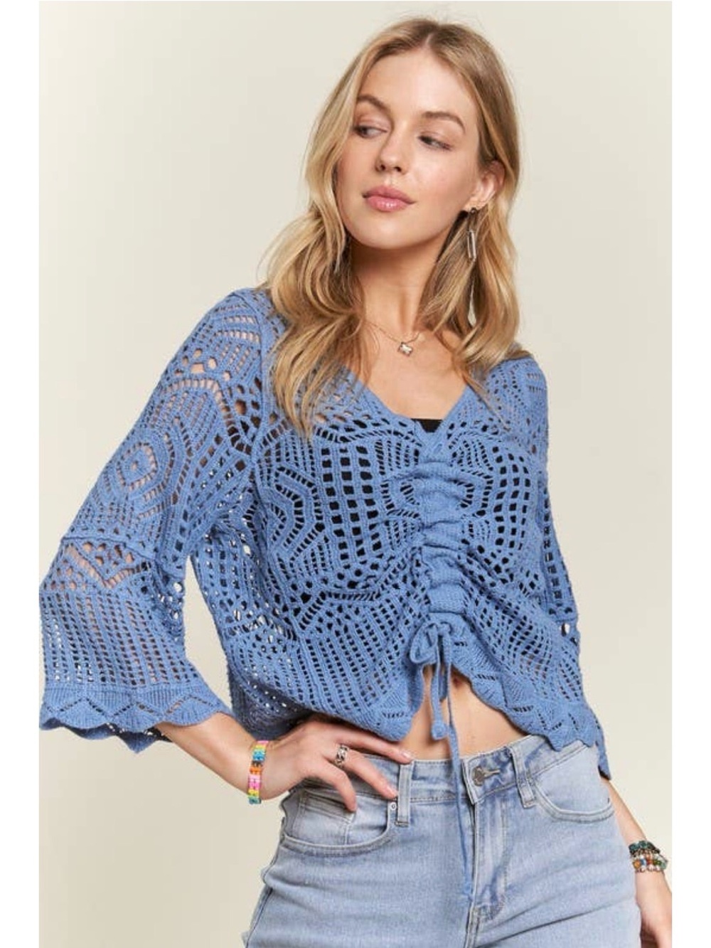 ADORA Crochet Drawstring V-Neck Top in Periwinkle Blue